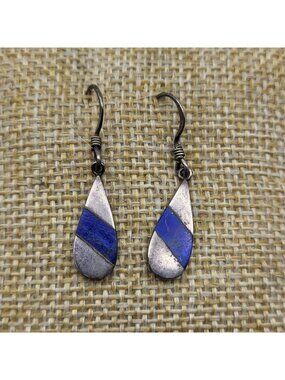 Lovely Sterling Silver Lapis inlay Southwest Dangle earrings Western Rodeo